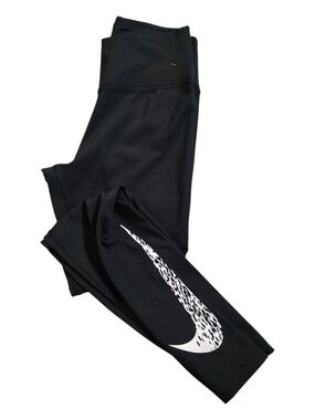 Nike Black Leggings with White Distressed Swoosh